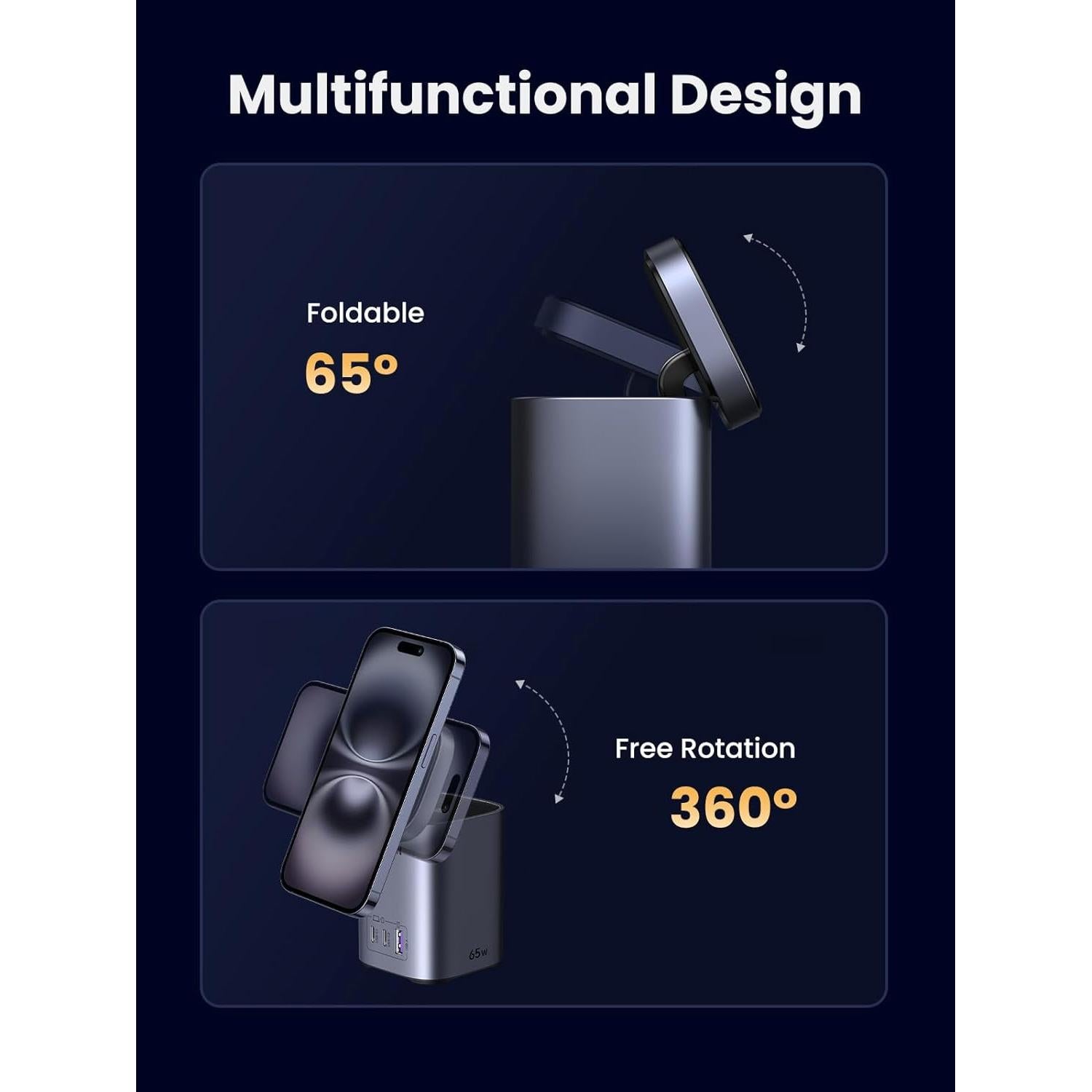 Cargador UGREEN Nexode 65W 4 en 1 USB-C y Qi2 Plegable