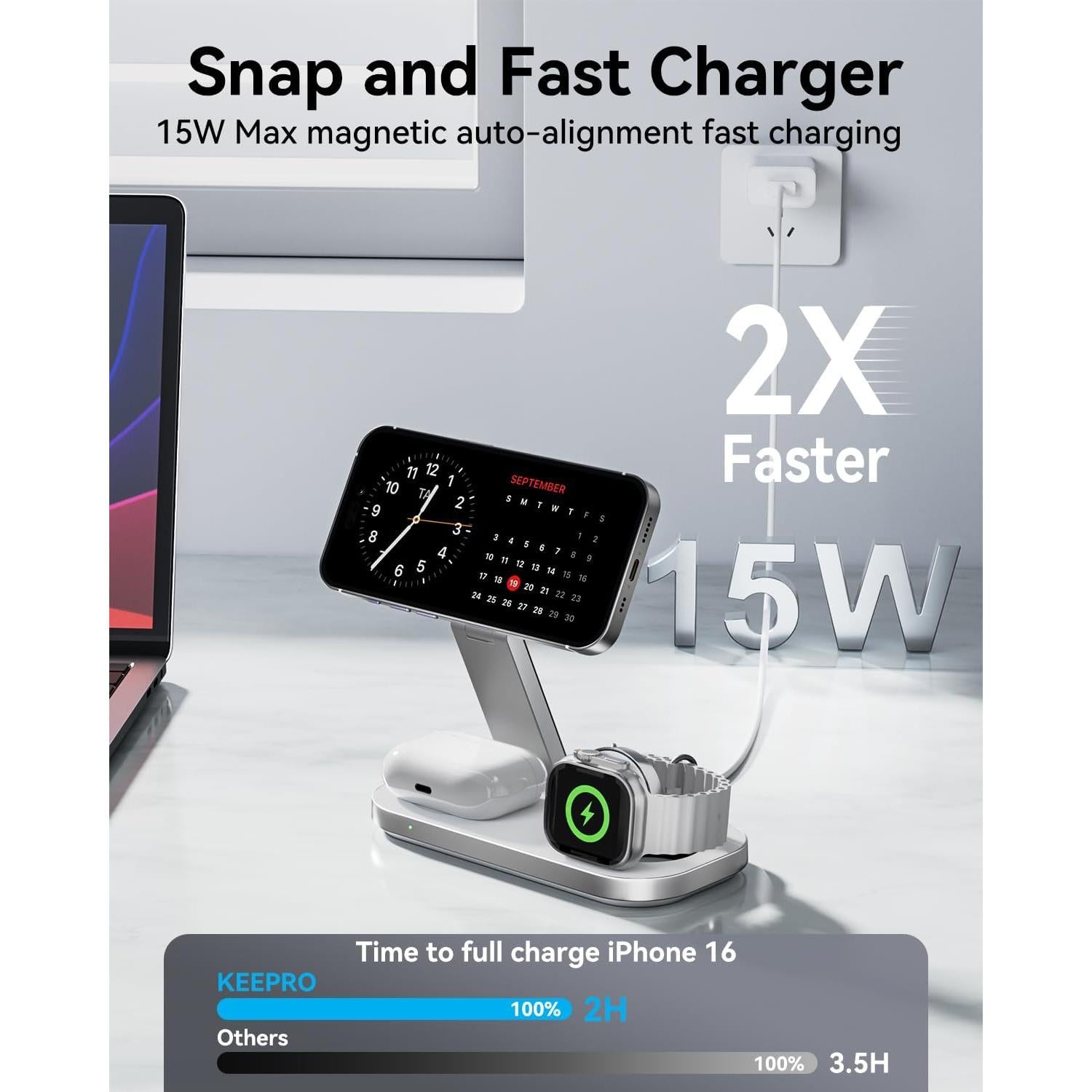 Estación de Carga Inalámbrica 3 en 1 KEEPRO Magnética 15W