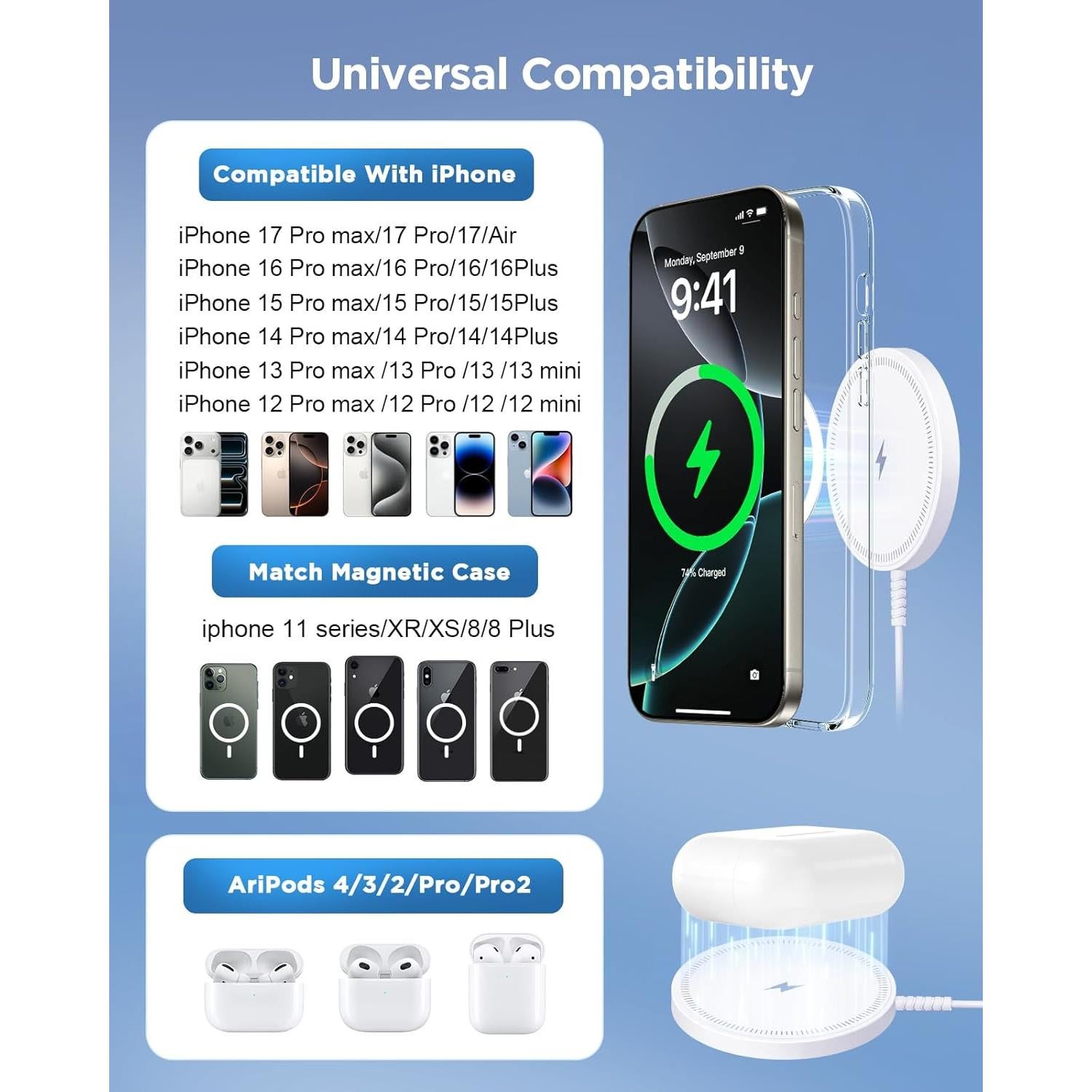 Cargador Inalámbrico Magnético Magsafe para iPhone 12-17 y AirPods