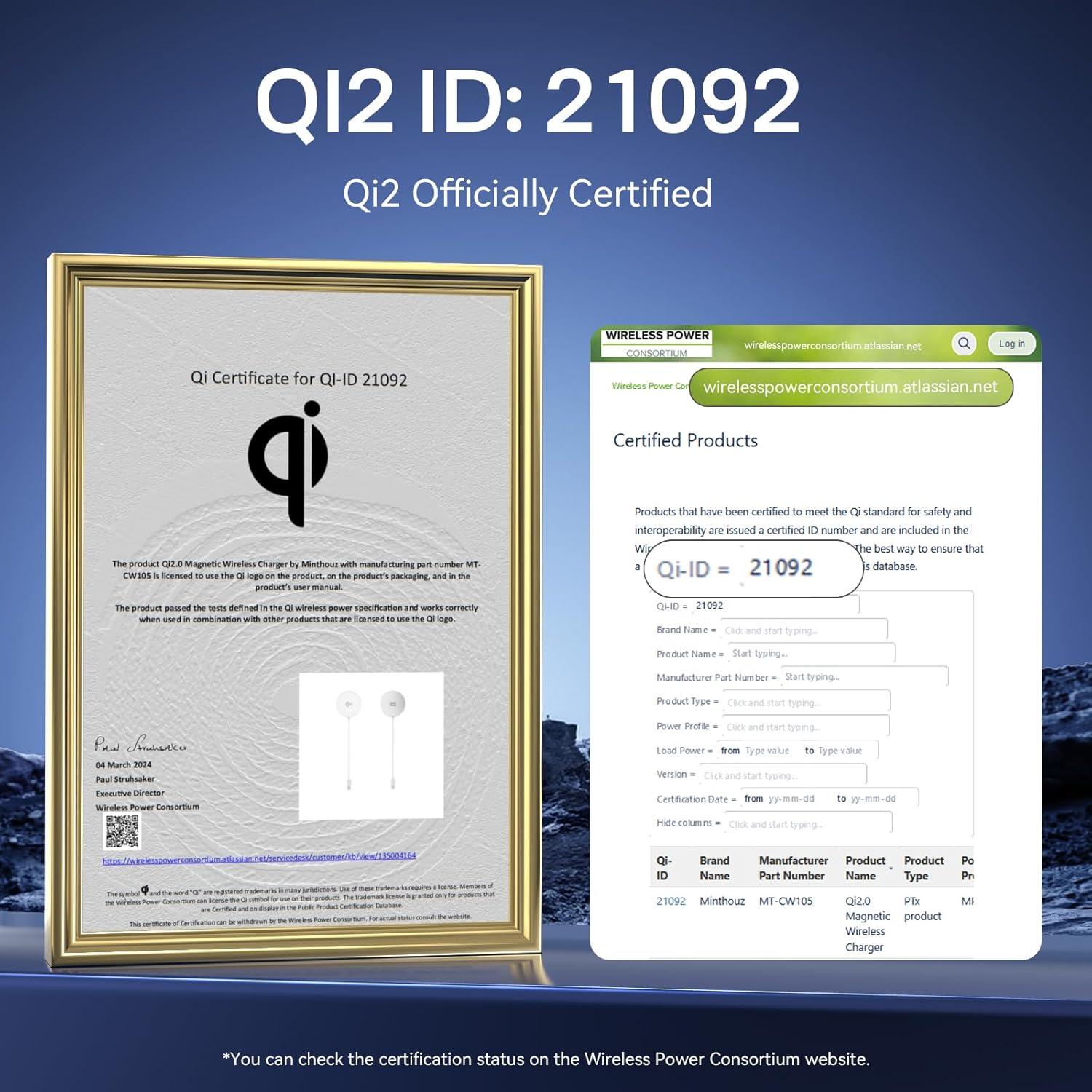 Cargador Inalámbrico Qi2 Minthouz 15W con Adaptador 20W