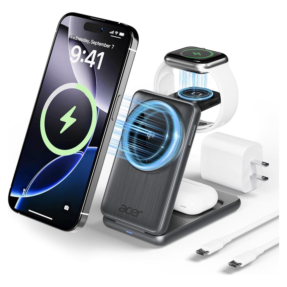 Cargador Inalámbrico Magnético Acer 3 en 1 15W para iPhone y Apple Watch