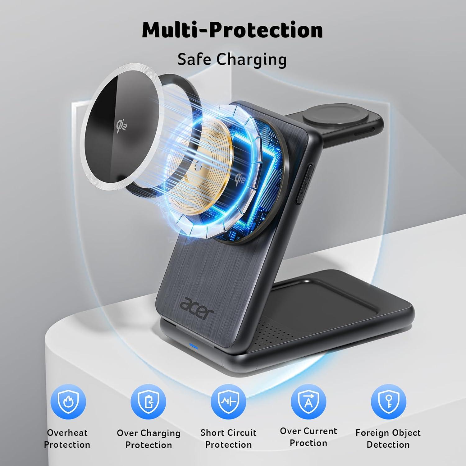 Cargador Inalámbrico Magnético Acer 3 en 1 15W para iPhone y Apple Watch