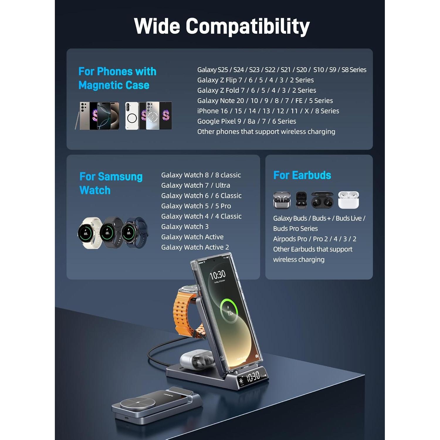 Cargador Inalámbrico Magnético 3 en 1 Elecdov para Samsung