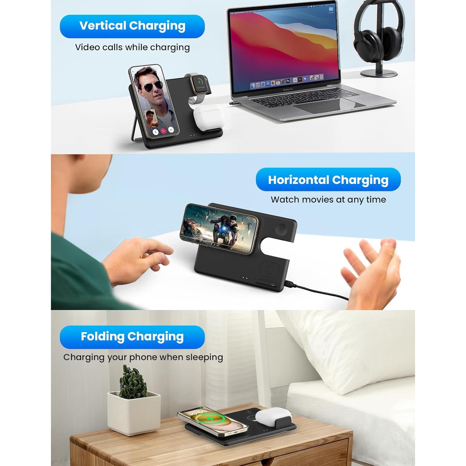 Cargador Inalámbrico 3 en 1 JoyGeek para iPhone 15/14/13/12