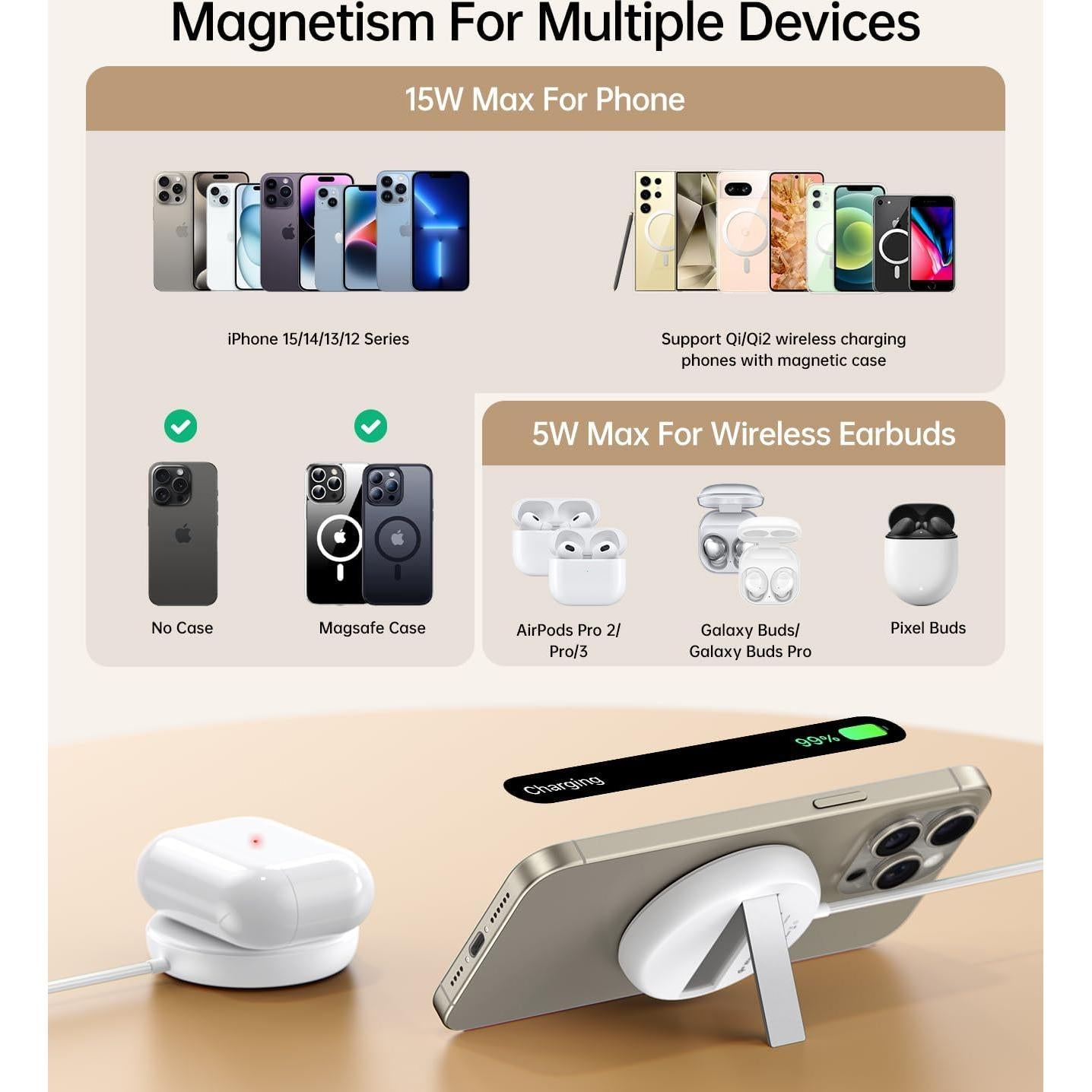 Cargador Inalámbrico Meifigno Qi2 15W para iPhone y AirPods