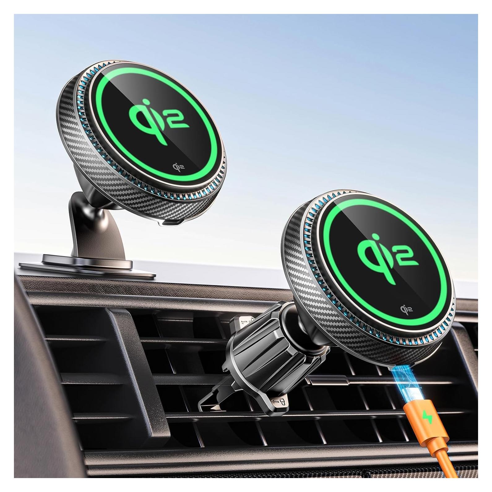 Cargador Inalámbrico de Coche APPS2Car Qi2 15W MagSafe Negro