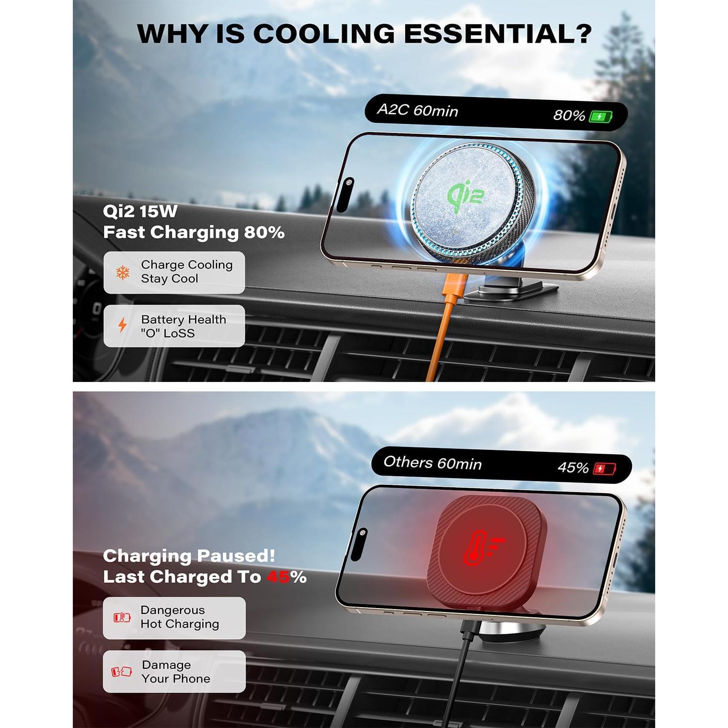 Cargador Inalámbrico de Coche APPS2Car Qi2 15W MagSafe Negro