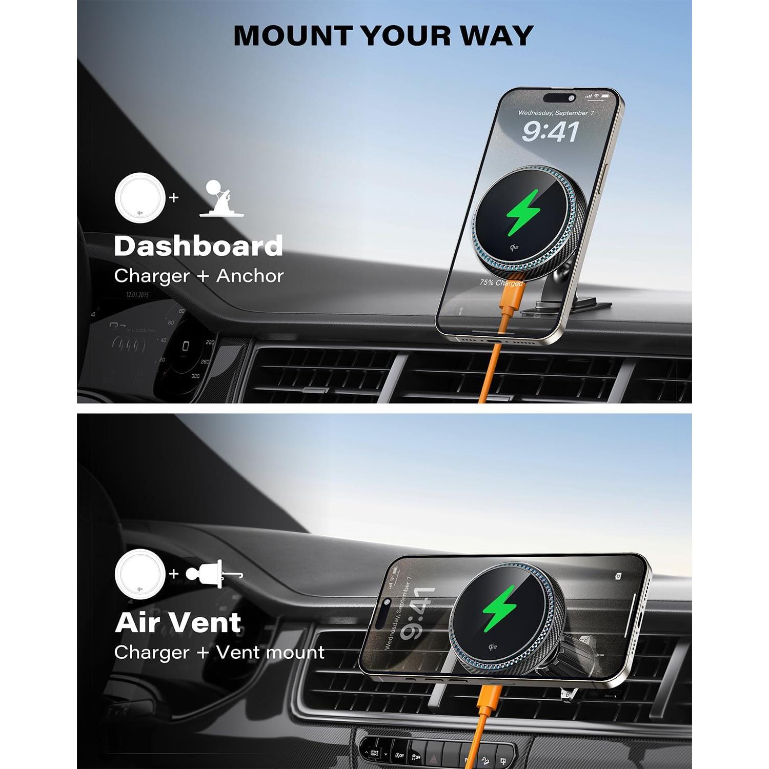 Cargador Inalámbrico de Coche APPS2Car Qi2 15W MagSafe Negro