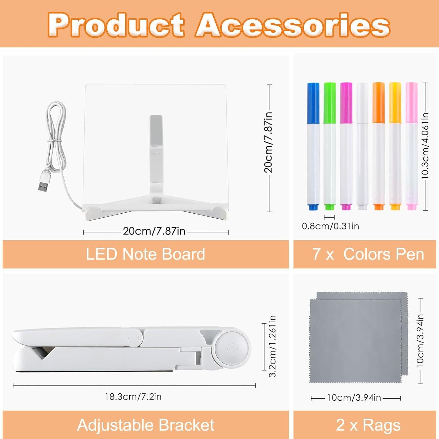 Tablero de Notas LED Fellibay 20.07cm Acrílico Borrado en Seco