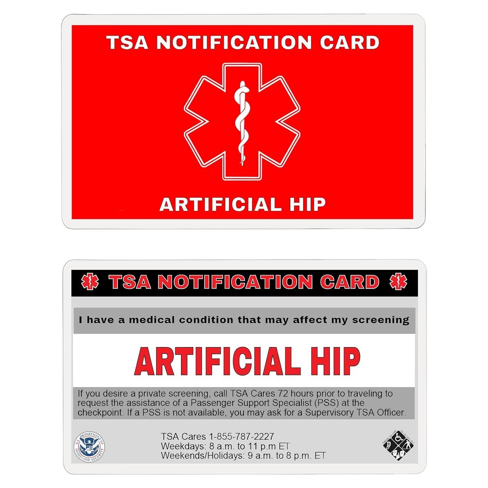 Tarjeta de Notificación TSA para Cadera Artificial - 2 Unidades