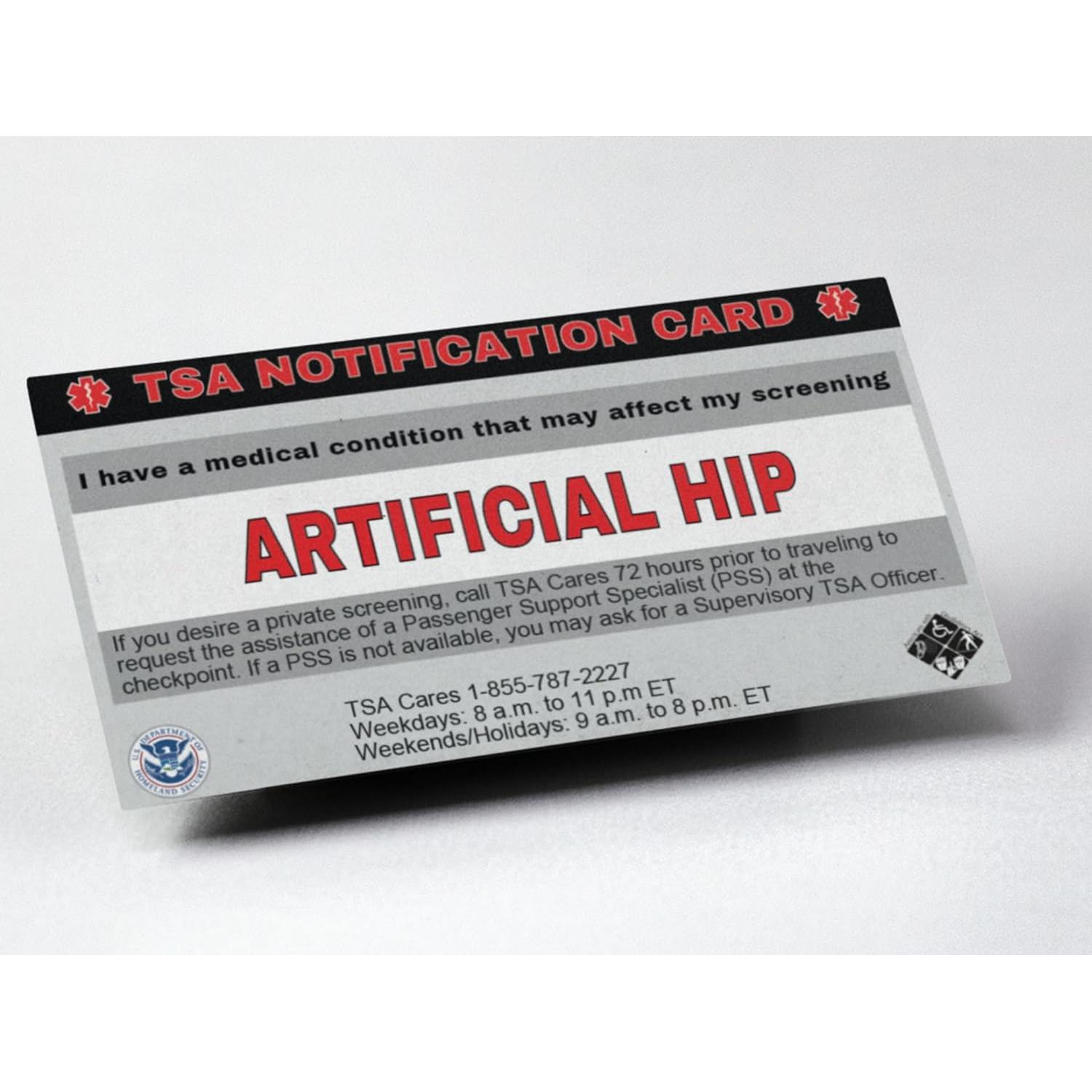 Tarjeta de Notificación TSA para Cadera Artificial - 2 Unidades