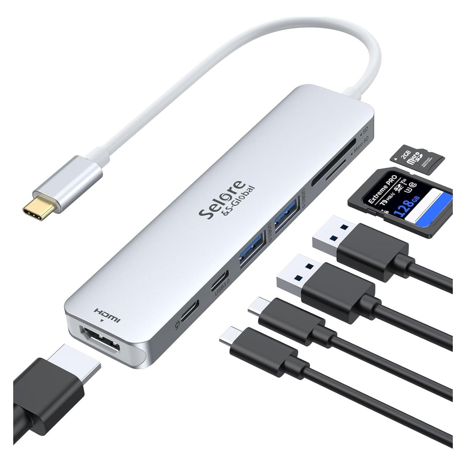 Dongle USB C 7 en 1 Selore&S-Global con HDMI 4K y 2 USB 3.0