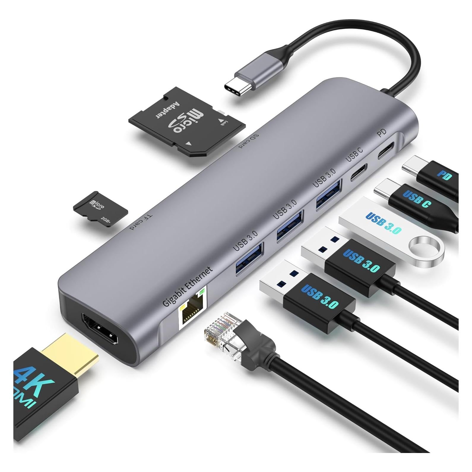 Adaptador USB C Hub 9 en 1 WWLSV con HDMI 4K, Ethernet y 3 USB 3.0