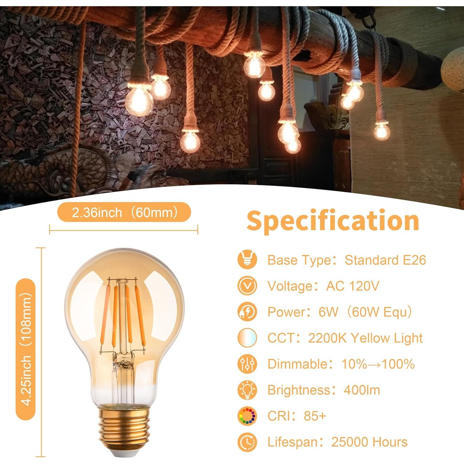 Paquete de 12 Bombillas LED Vintage A19 Edison 4W 2200K