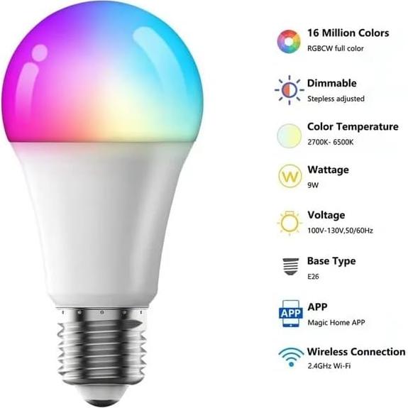 Bombillas Inteligentes LED RGB 9W E26 con WiFi y Bluetooth