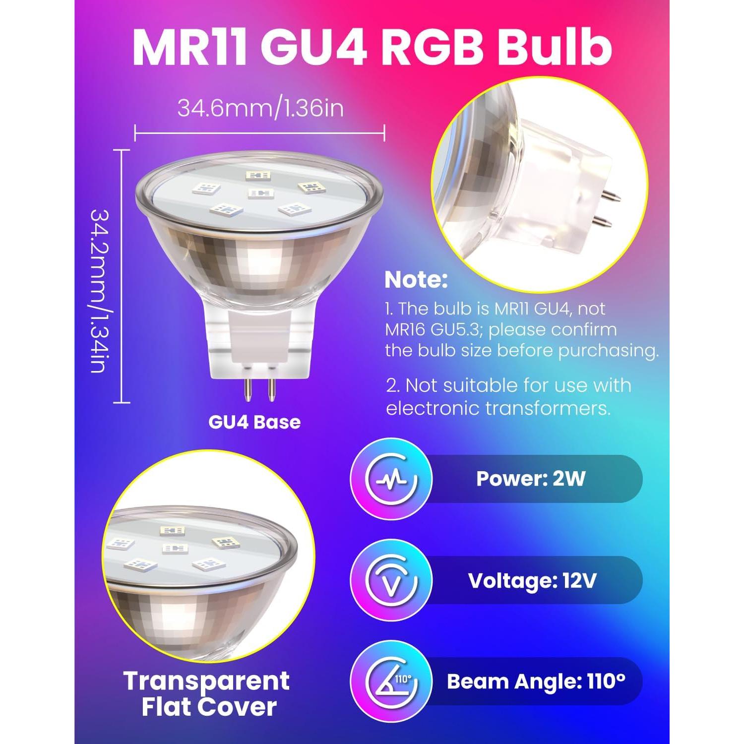 Bombillas LED MR11 GU4 2W RGB 12 Colores - 2 Paquetes