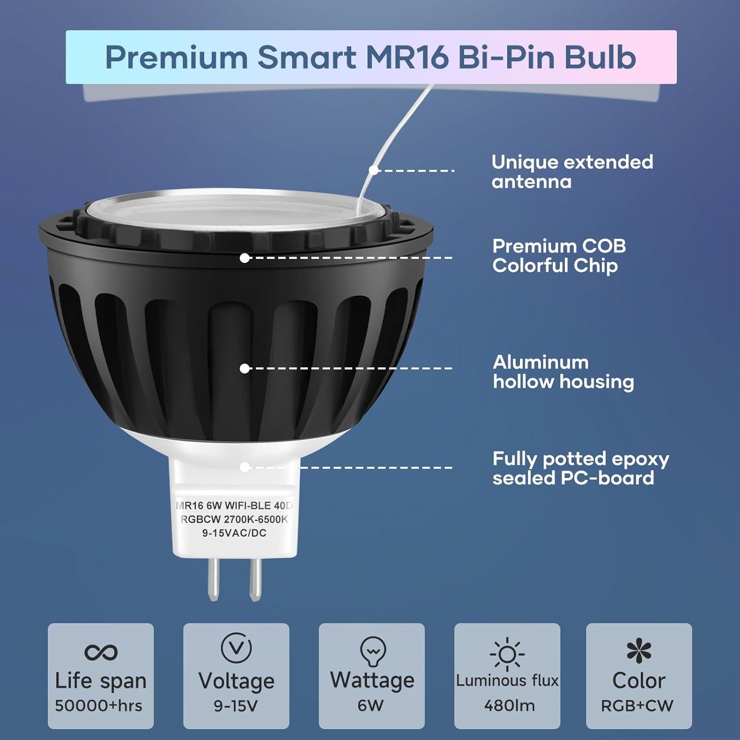 Bombilla LED MR16 Gardencoin 6W RGBW GU5.3 Control WiFi 6 Pzas