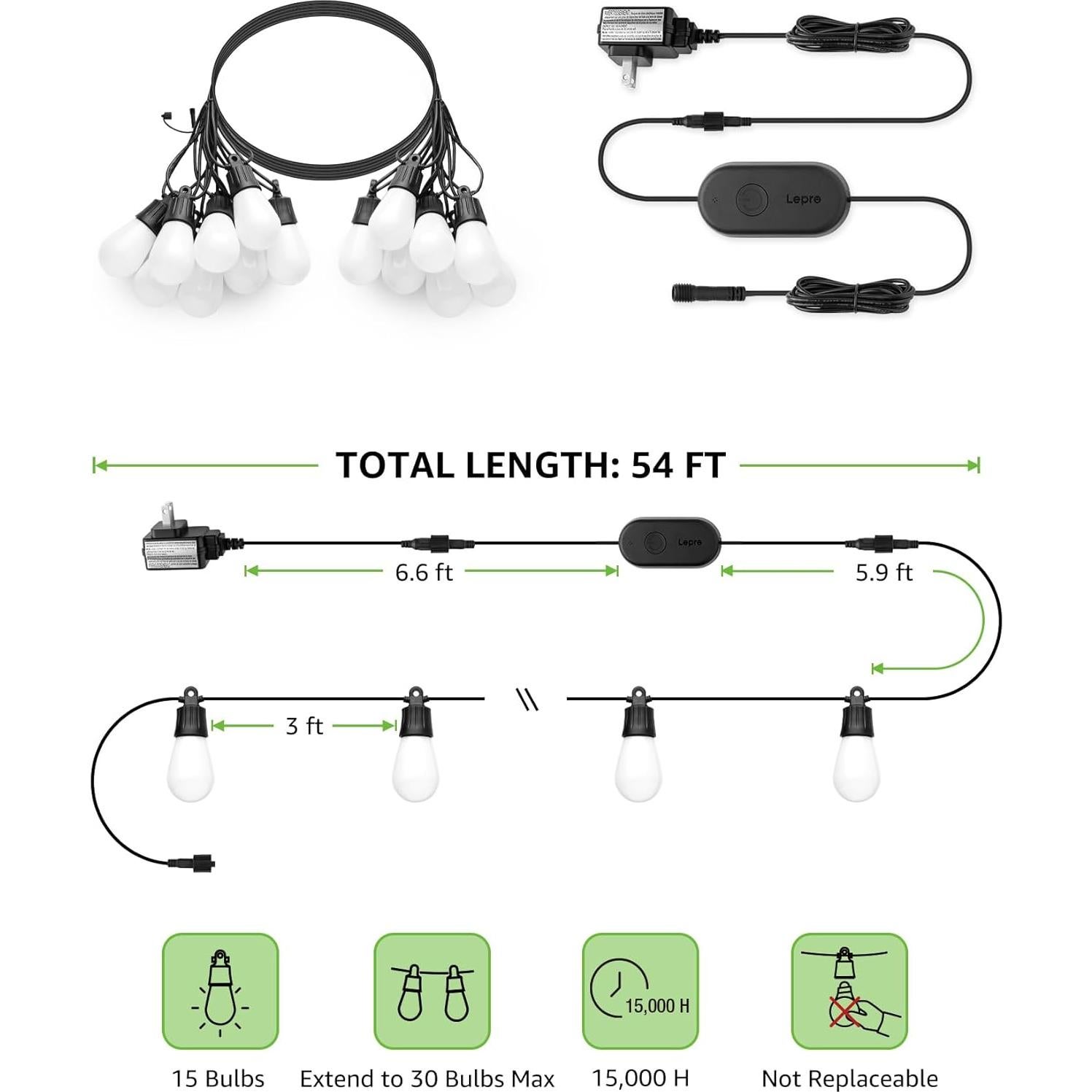 Luces de Cadena Inteligentes Lepro ZB1 15 Bombillas RGB+Blanco Cálido