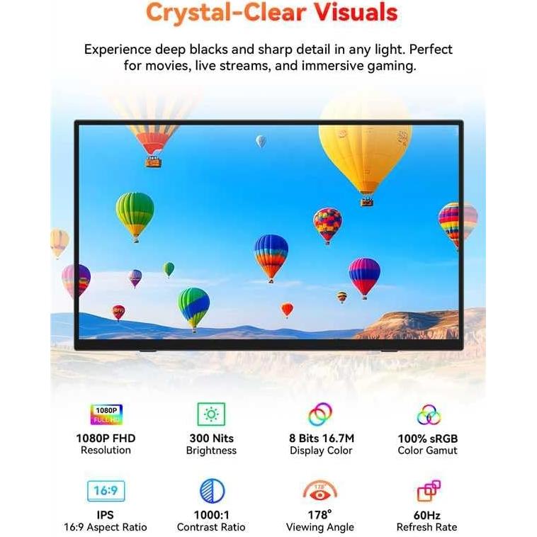 Monitor Portátil HotYeah 15.6" FHD 1080P USB-C HDMI IPS