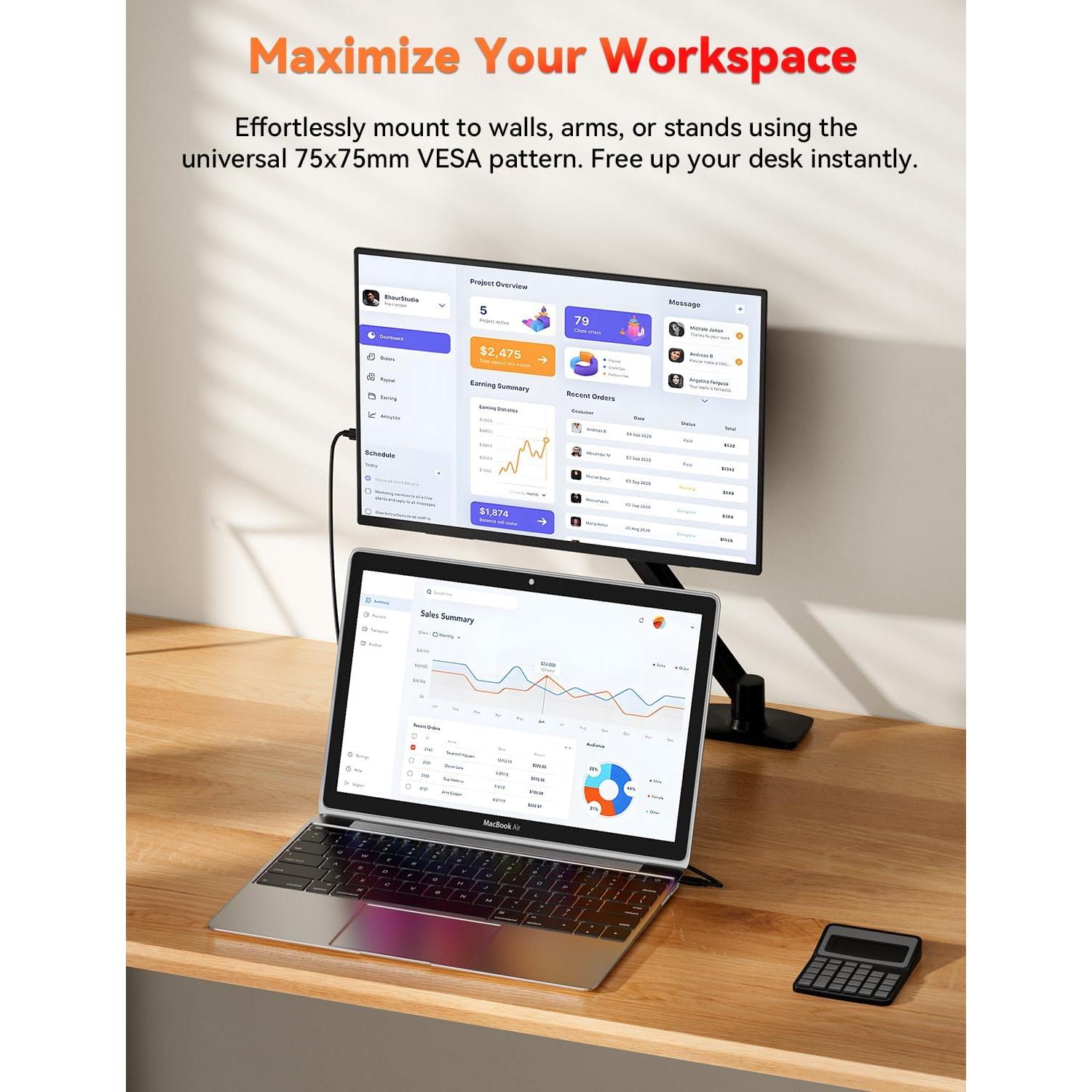Monitor Portátil HotYeah 15.6" FHD 1080P USB-C HDMI IPS
