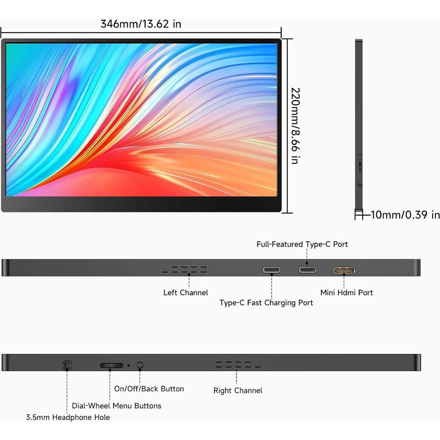 Monitor Portátil AYY 15" FHD 1080P USB-C HDMI Ultra Delgado