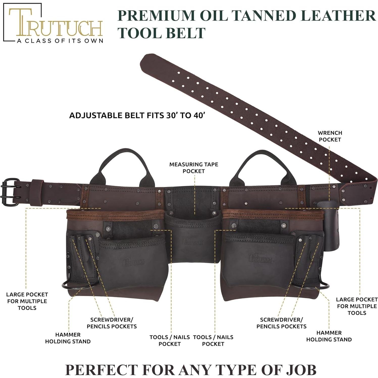 Cinturón de herramientas TRUTUCH de cuero marrón 11 bolsillos