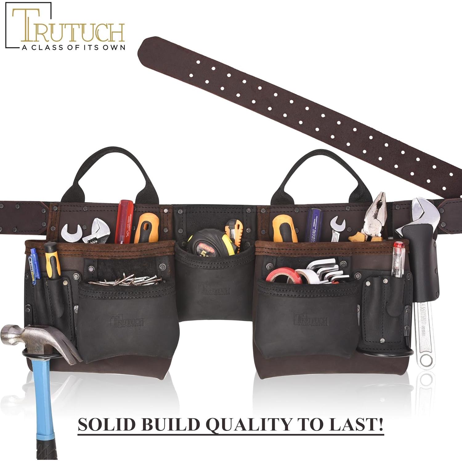 Cinturón de herramientas TRUTUCH de cuero marrón 11 bolsillos