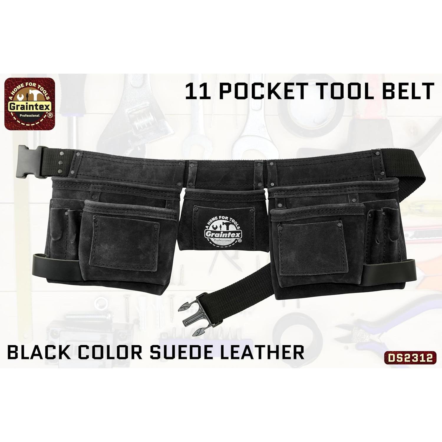Cinturón de herramientas Graintex DS2312 de cuero negro 11 bolsillos
