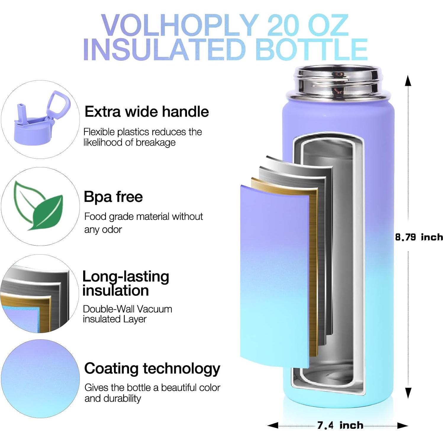 Botella de Agua Aislada Volhoply 600ml con Tapa de Popote - Paquete de 2