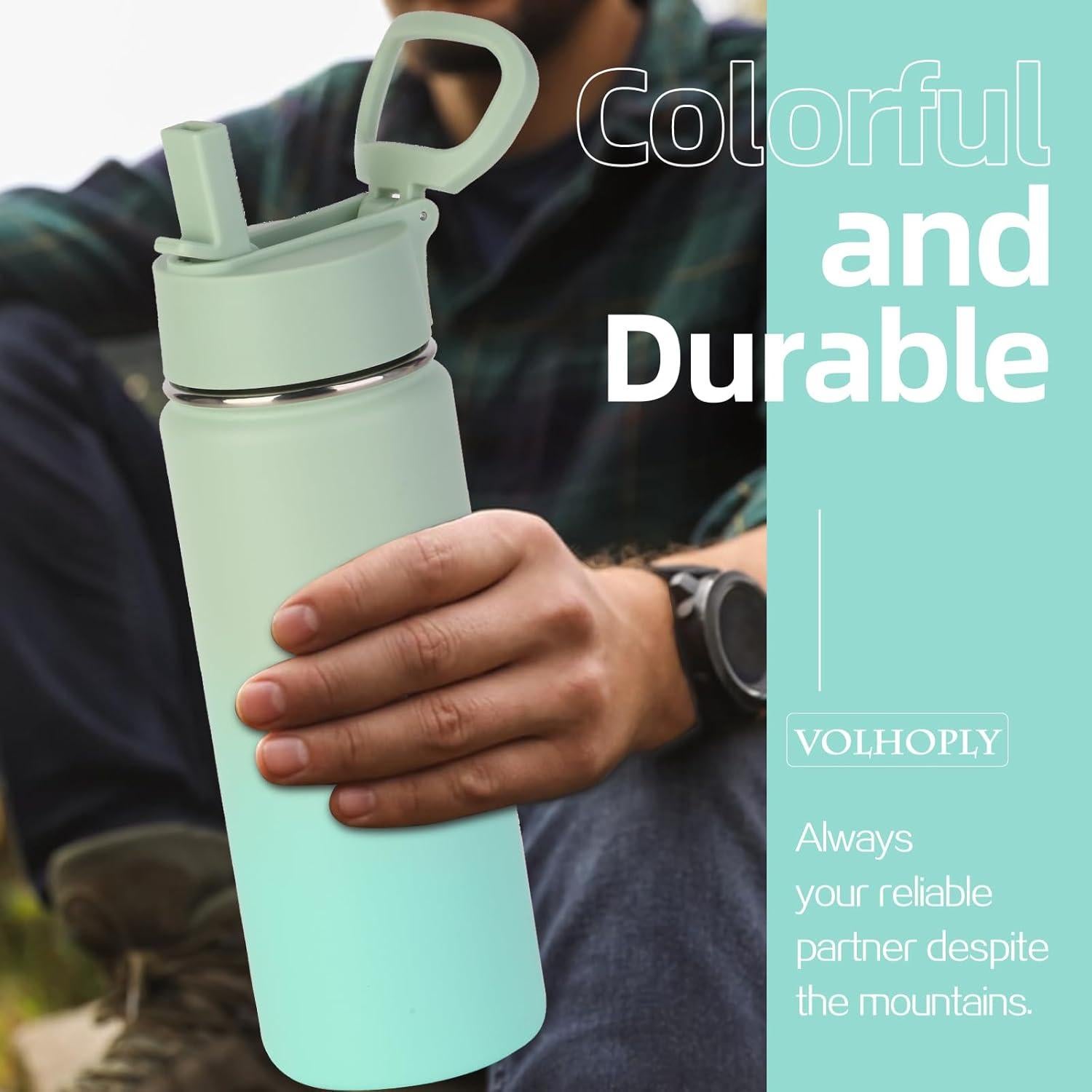 Botella de Agua Aislada Volhoply 600ml con Tapa de Popote - Paquete de 2