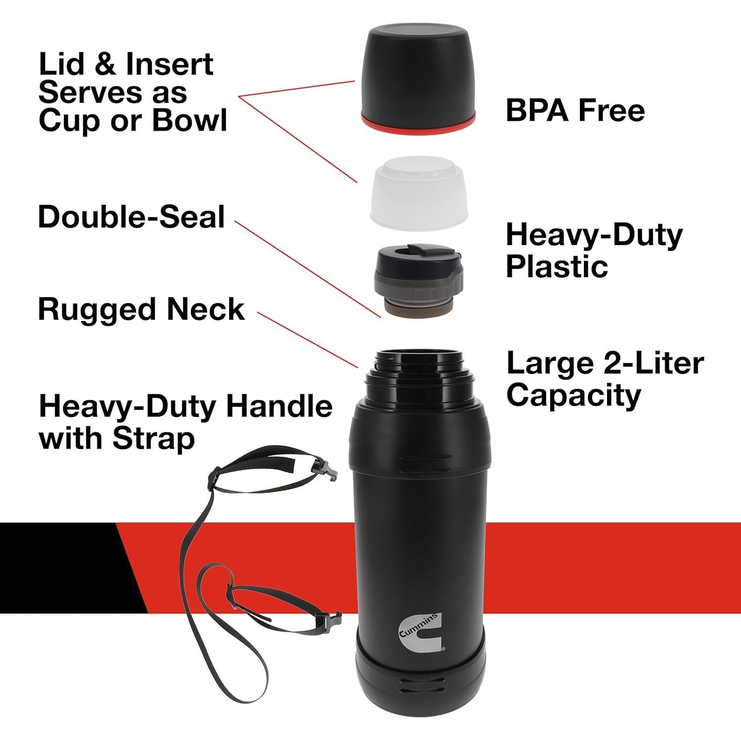 Botella de Agua Aislada Cummins 2 Litros Acero Inoxidable Negra