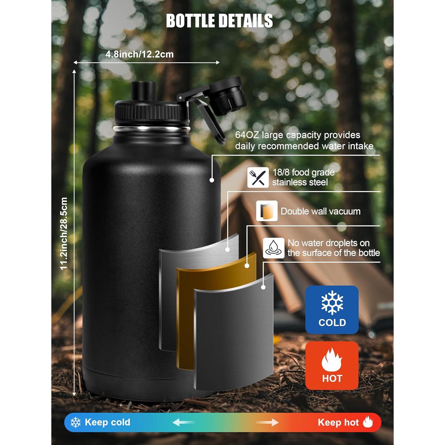 Botella de Agua Táctica Banloga 64 oz Acero Inoxidable Negro