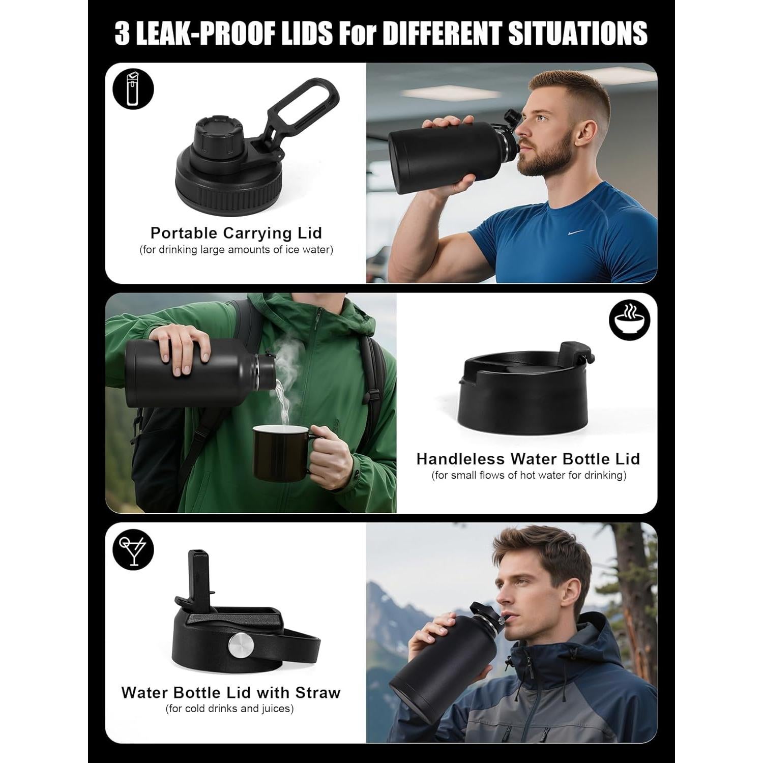 Botella de Agua Táctica Banloga 64 oz Acero Inoxidable Negro