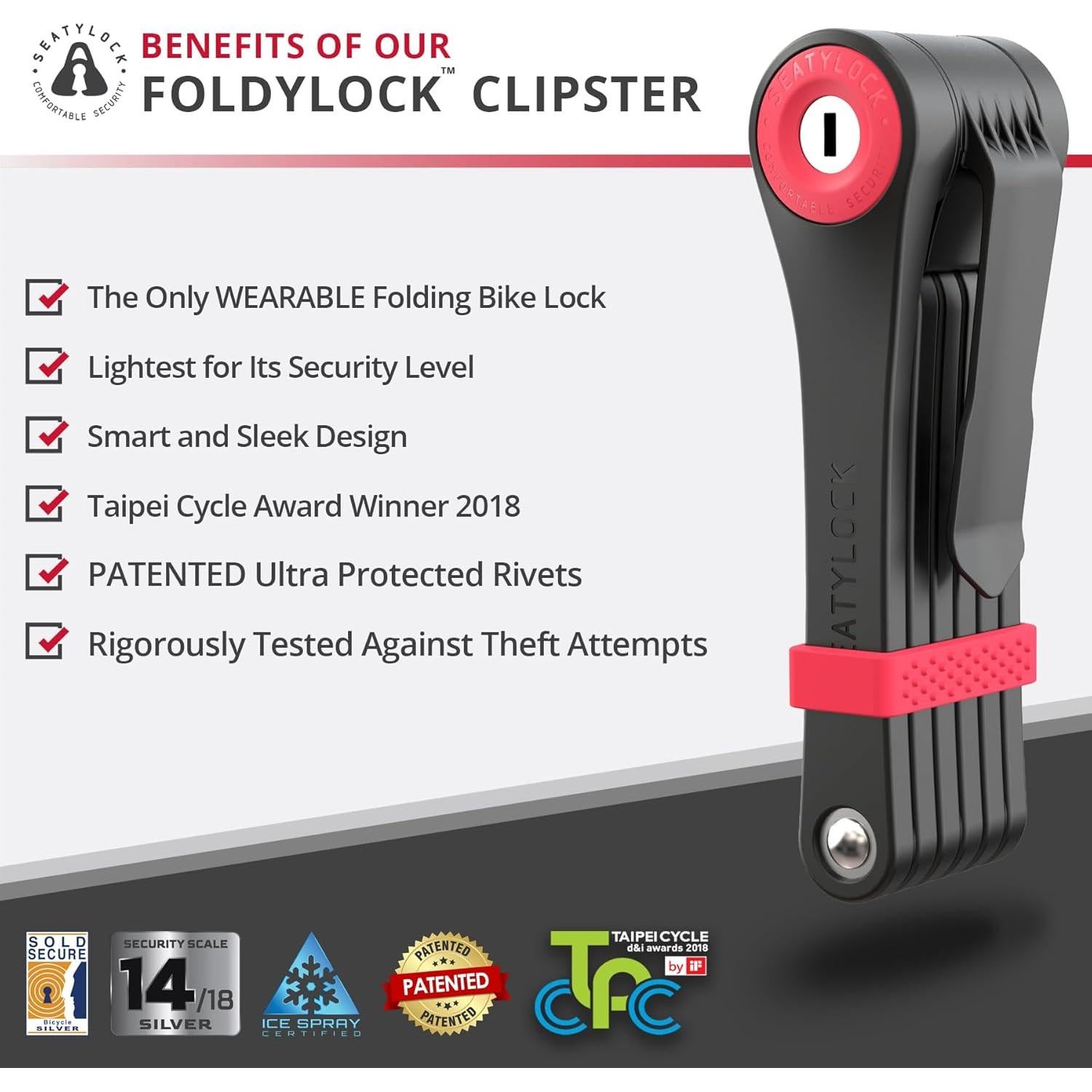 Seatylock FoldyLock Clipster Folding Bike Lock - Wearable Compact Bicycle Lock - Lightweight Smart Bike Security Accessory with Key Set for Bikes E Bikes and Scooters - 29.5"