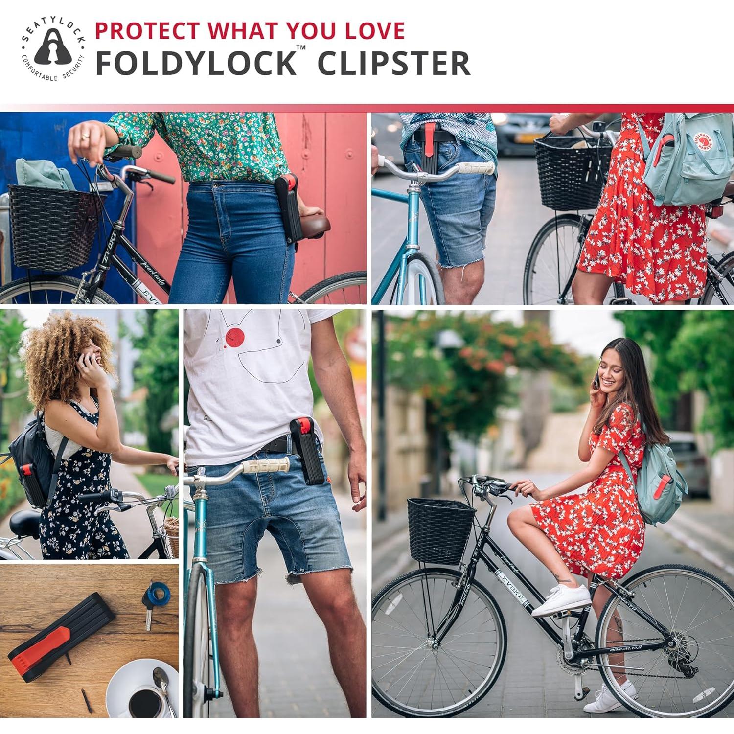 Seatylock FoldyLock Clipster Folding Bike Lock - Wearable Compact Bicycle Lock - Lightweight Smart Bike Security Accessory with Key Set for Bikes E Bikes and Scooters - 29.5"