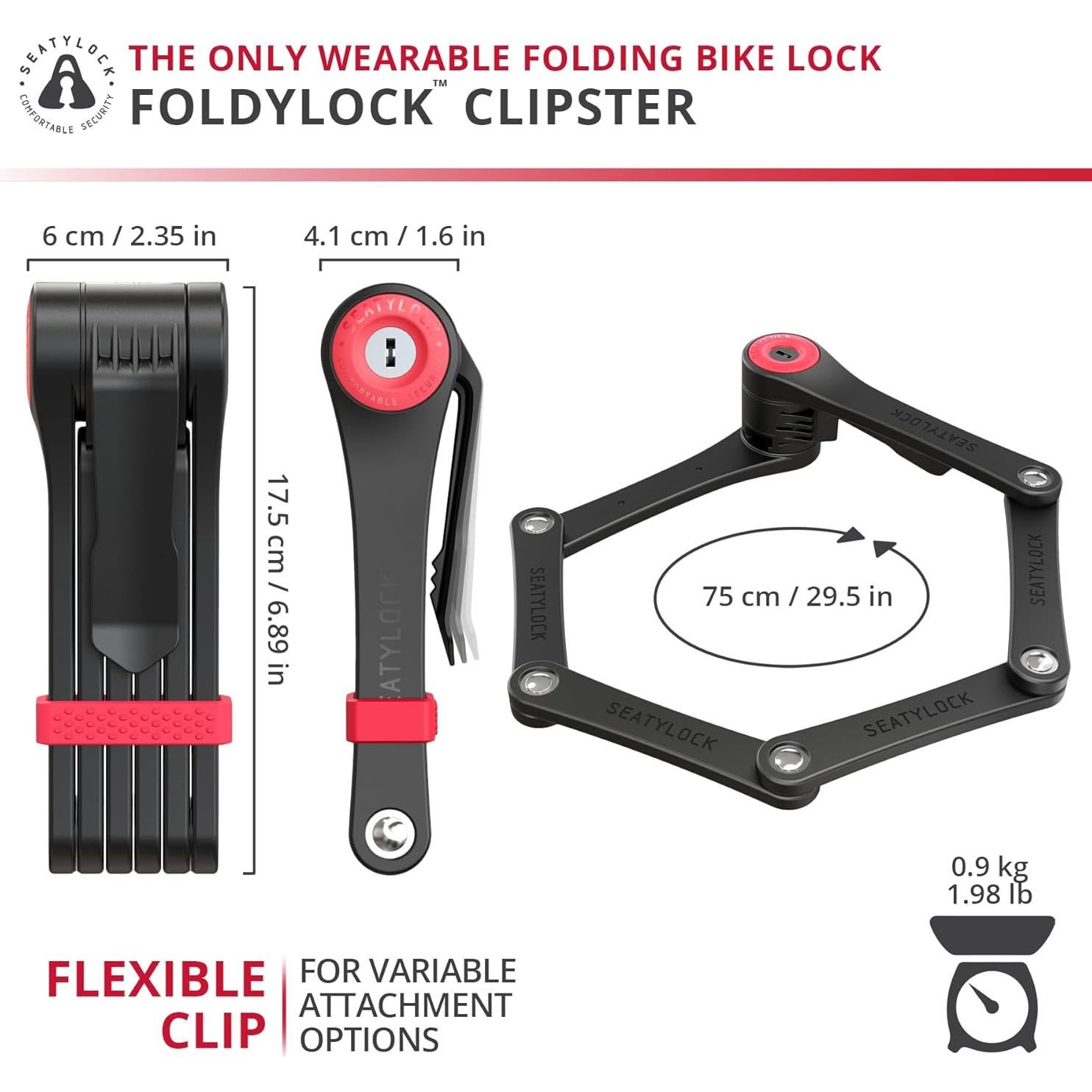 Seatylock FoldyLock Clipster Folding Bike Lock - Wearable Compact Bicycle Lock - Lightweight Smart Bike Security Accessory with Key Set for Bikes E Bikes and Scooters - 29.5"