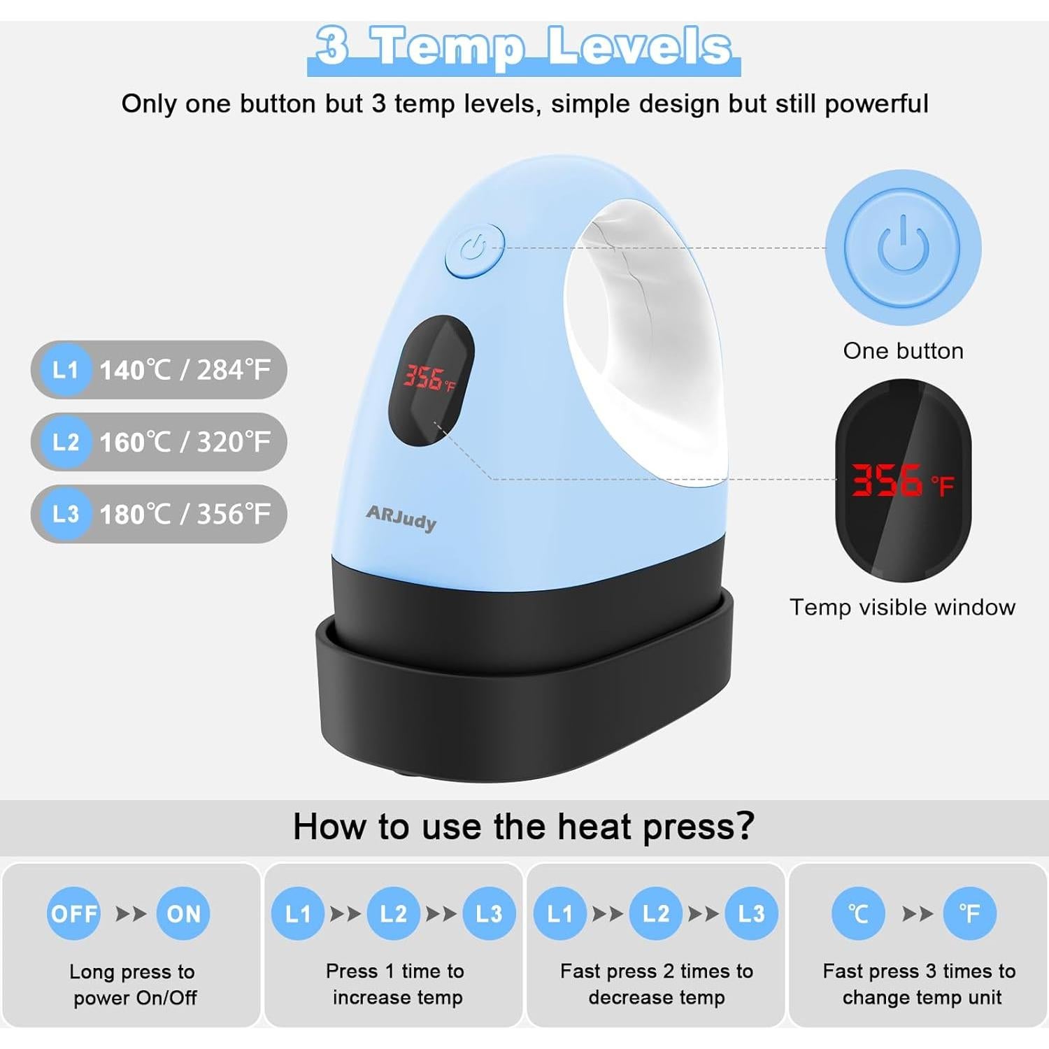 Mini Prensa Térmica ARJudy Azul, 3 Niveles de Temperatura