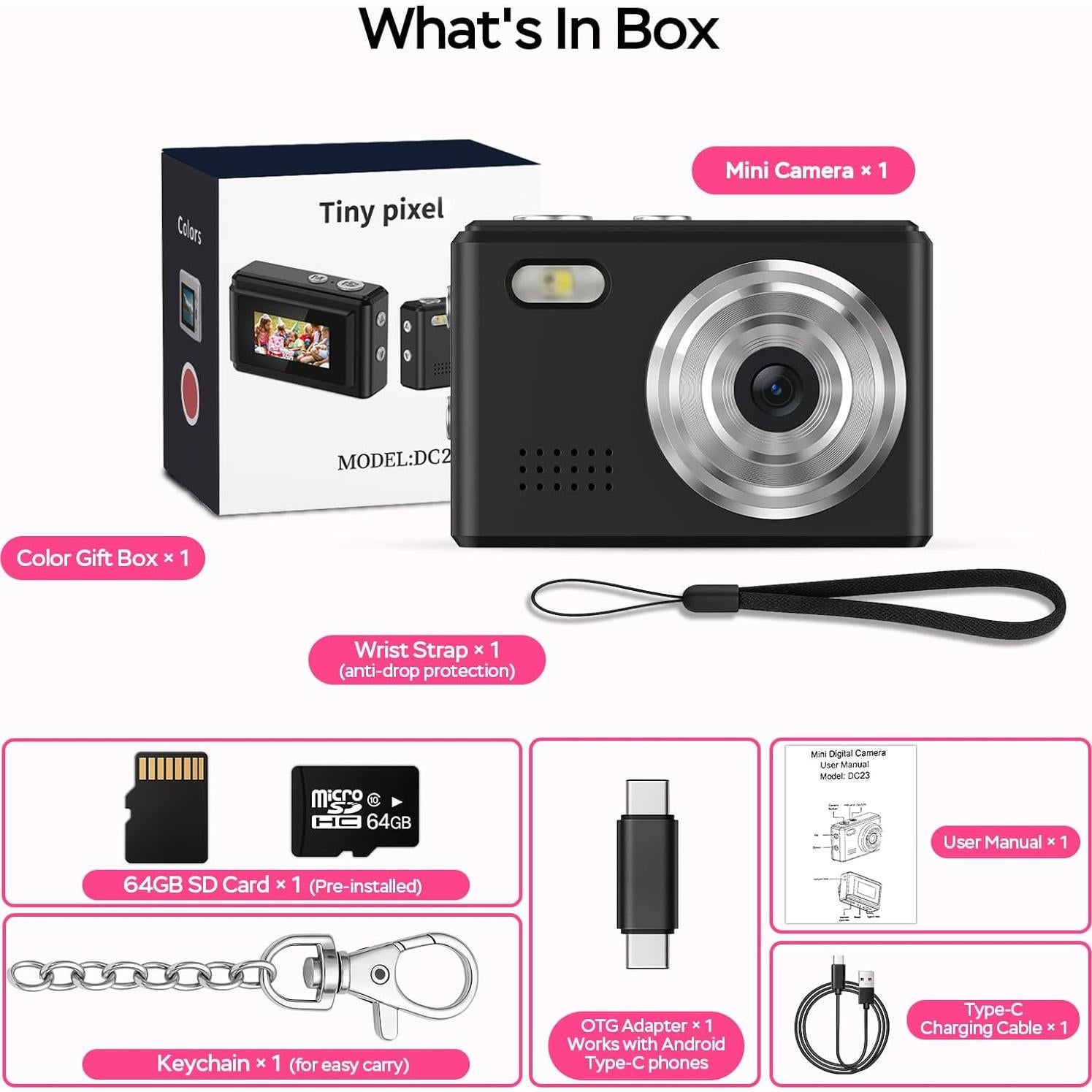 Mini Cámara Digital Dienspeak DC23 1080P con Tarjeta 64GB