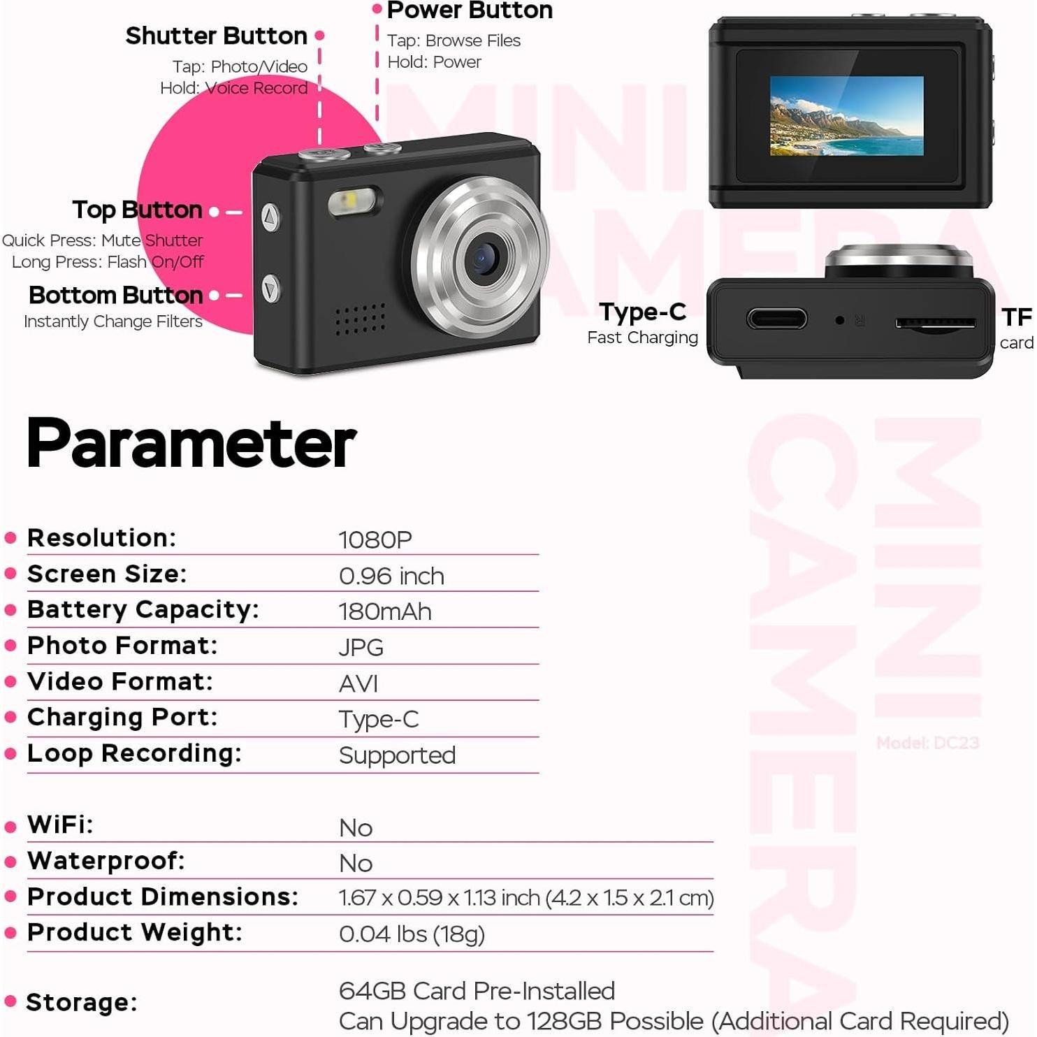 Mini Cámara Digital Dienspeak DC23 1080P con Tarjeta 64GB