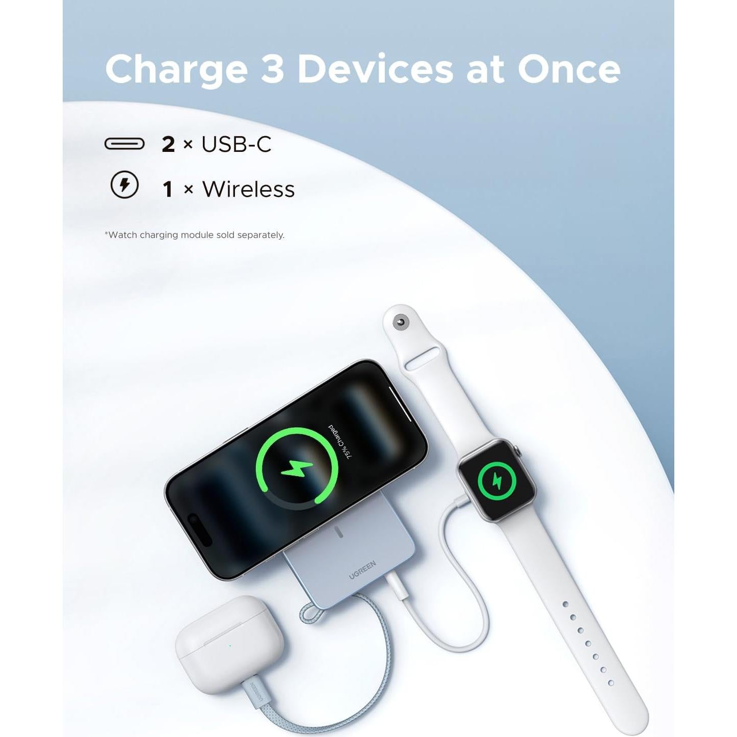 Batería Externa UGREEN 10,000mAh Carga Inalámbrica Qi2 25W