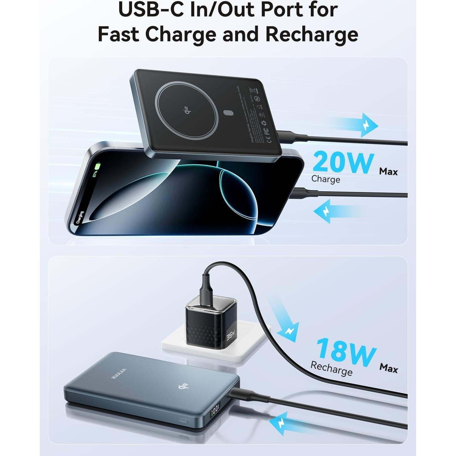 Cargador Portátil Kuulaa 10,000mAh Qi2 MagSafe 15W Gris