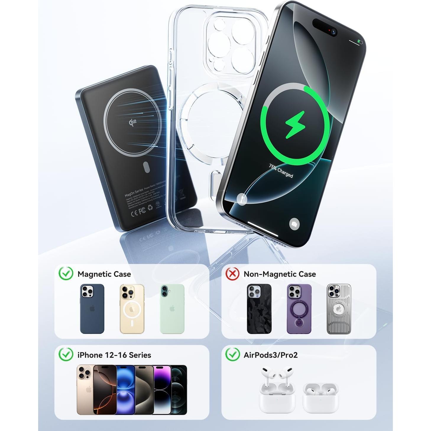 Cargador Portátil Kuulaa 10,000mAh Qi2 MagSafe 15W Gris