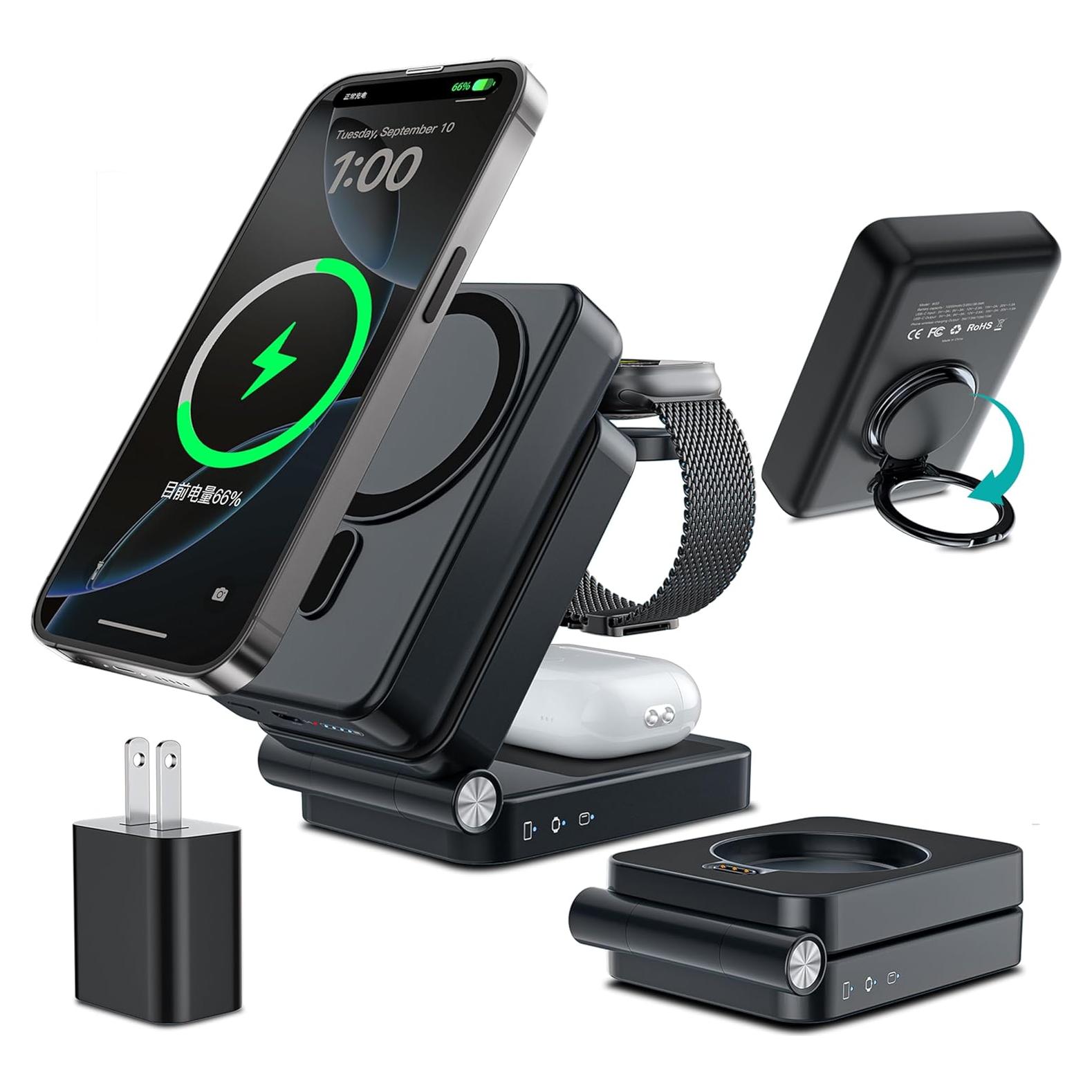 Estación de Carga Inalámbrica 3 en 1 HUOTO 10000mAh Negra