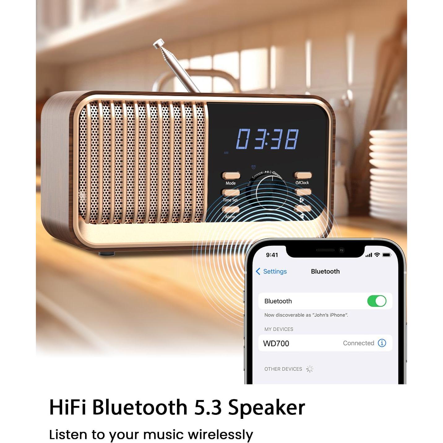 Reloj Despertador MONODEAL WD700 Retro con Bluetooth y Carga Inalámbrica