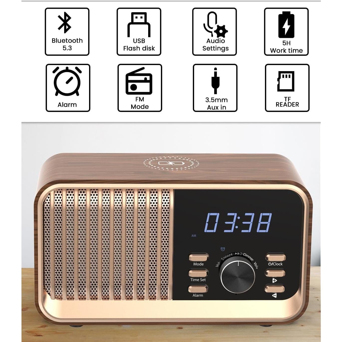 Reloj Despertador MONODEAL WD700 Retro con Bluetooth y Carga Inalámbrica