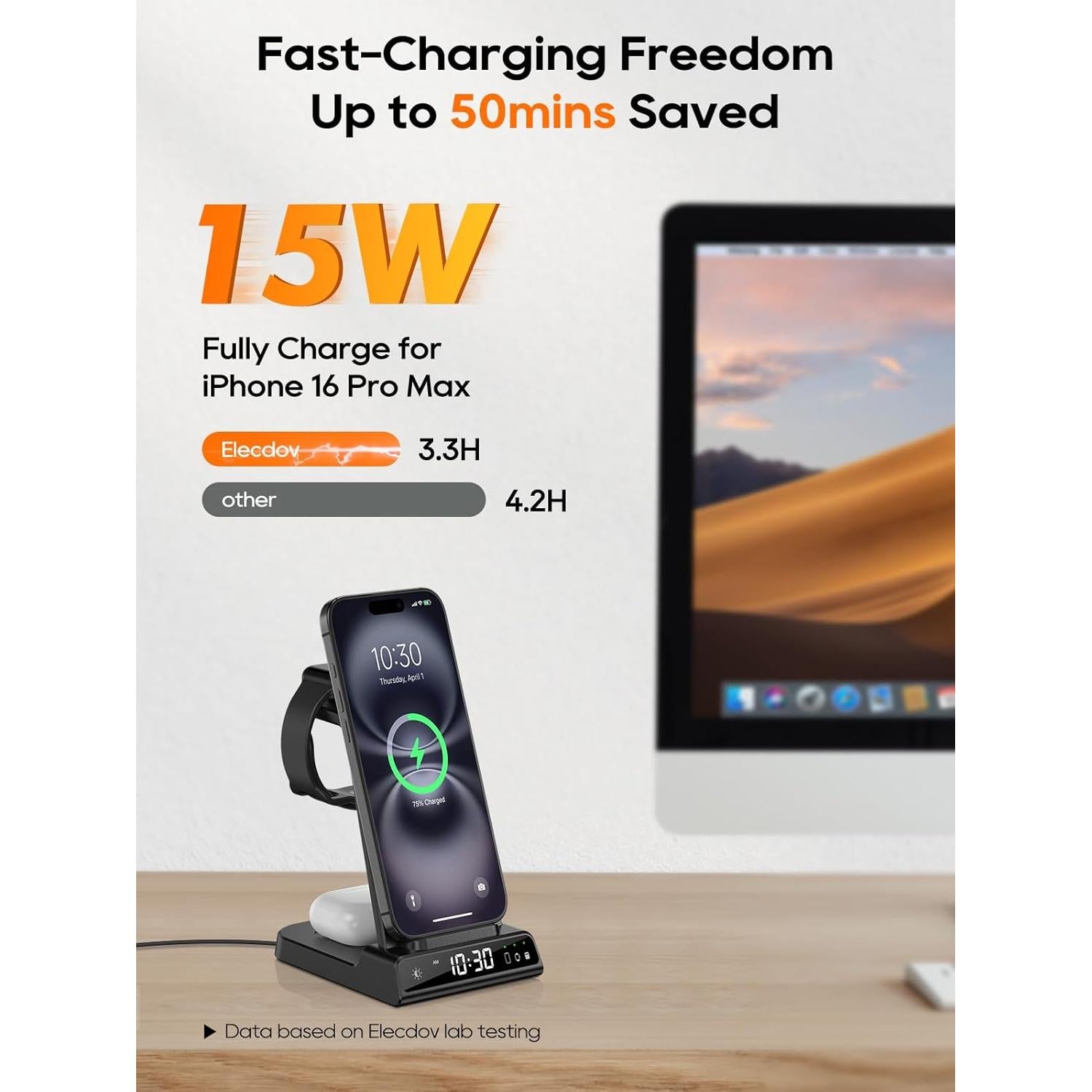 Cargador Inalámbrico 3 en 1 Elecdov para iPhone, iWatch y AirPods