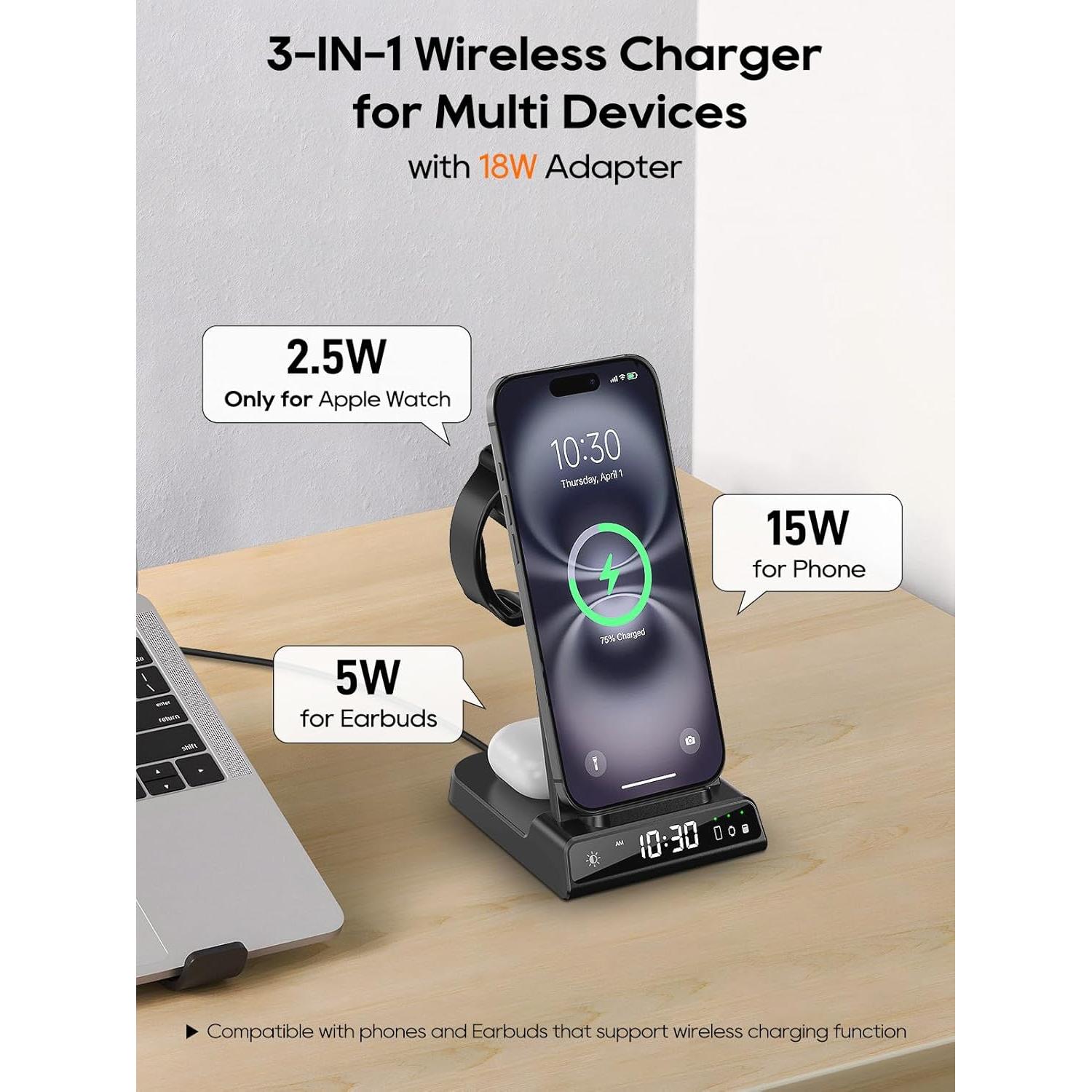 Cargador Inalámbrico 3 en 1 Elecdov para iPhone, iWatch y AirPods