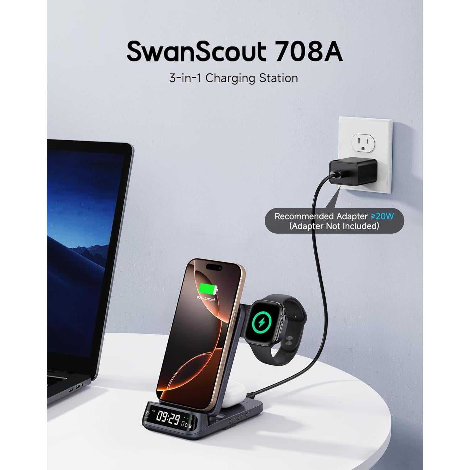 Cargador Inalámbrico 3 en 1 SwanScout para iPhone y Apple Watch