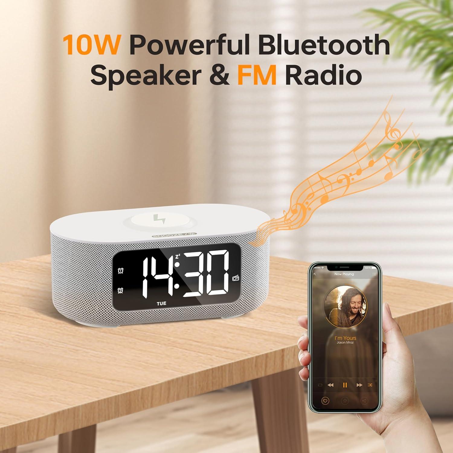 Reloj Despertador JALL Gris con Bluetooth, Carga Inalámbrica 10W
