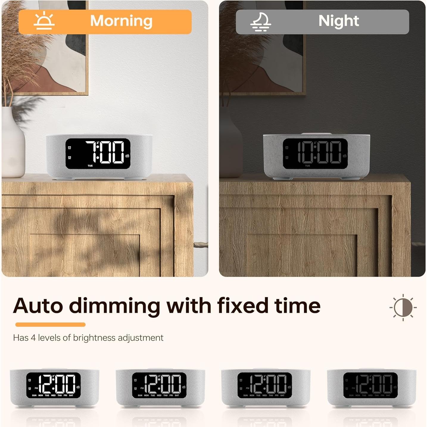 Reloj Despertador JALL Gris con Bluetooth, Carga Inalámbrica 10W